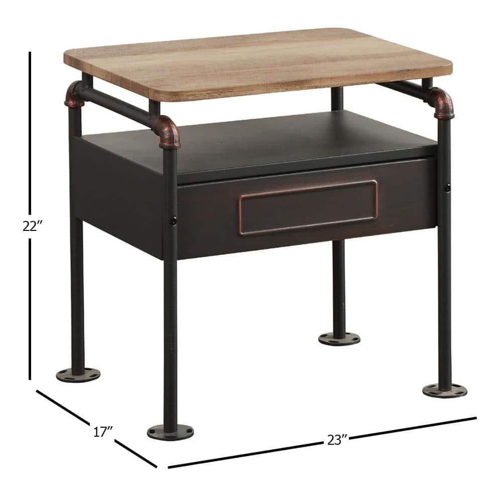Industrial Oak and Gray Metal Nightstand with Drawer and Shelf