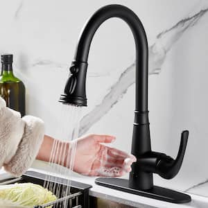 Touchless Single Handle Gooseneck Pull Down Sprayer Kitchen Faucet with Deckplate Included and Handles in Black