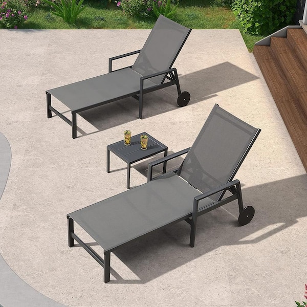 PURPLE LEAF 3-Pieces Aluminum Outdoor Chaise Lounge Chair with Wheels and Armrests Recliner Chair for Pool Backyard Beach, Grey