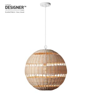 1-Light White Pendant with Natural Woven Twine Shade and Designer White Cloth Cord, Vintage Incandescent Bulb Included