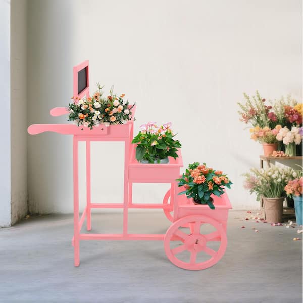 40 in. x 39 in. Pink 3-tier Garden Balcony Decorative Stand Flower Display Stand with Movable Wheels and Blackboard