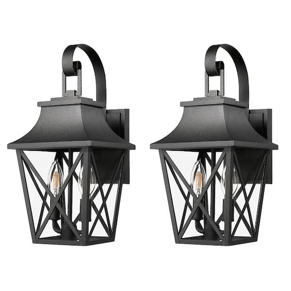 2-Pack 16 in. Black Outdoor Hardwired Wall Lantern Sconce with Clear Glass and No Bulbs Included