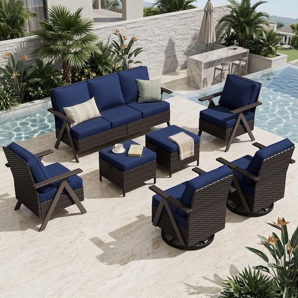 7-Piece Brown Rattan Outdoor Wicker Patio Conversation Set with Blue Cushions