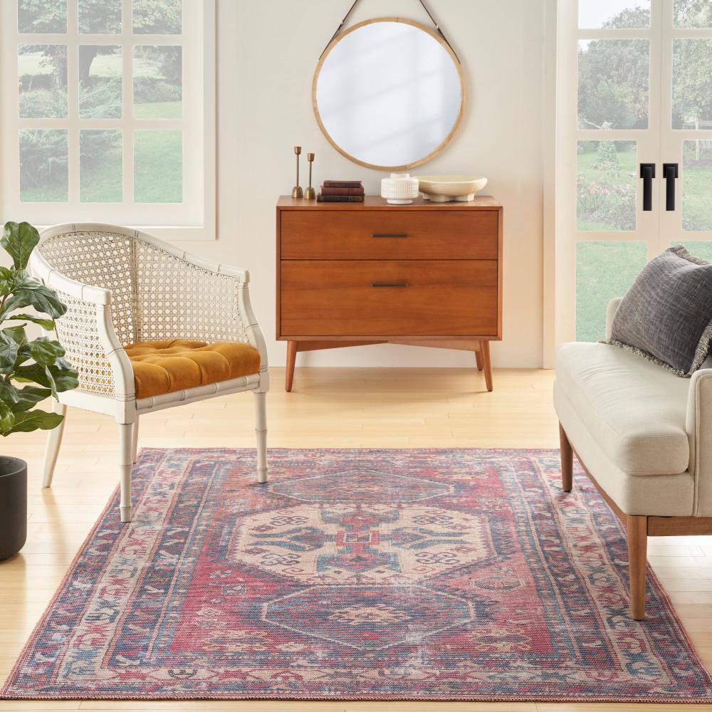 Nicole Curtis Red and Navy Floral Cotton Chenille 6' x 9' Area Rug