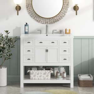 36 in. W x 18 in. D x 34 in. H White Freestanding Bath Vanity with White Resin Top Single Sink, 2 Doors & 6-Drawers