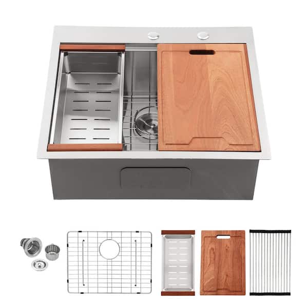 Whatseaso Brushed Nickel Stainless Steel 28 in. Single Bowl Drop-in Kitchen Sink with Stainless Steel Dish Grid