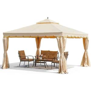 12 ft. x 12 ft. Outdoor Canopy Gazebo Double Roof Patio Steel Frame with Netting Shade Off-Beige
