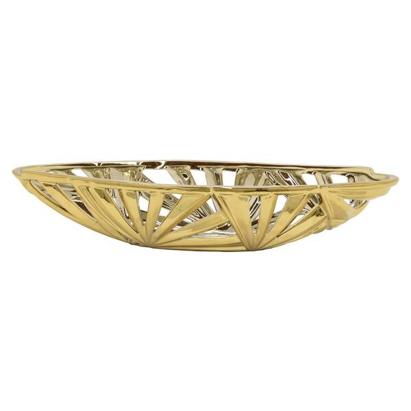 THREE HANDS 17.5 in. x 5.5 in. Decorative Pierced Gold Ceramic Bowl