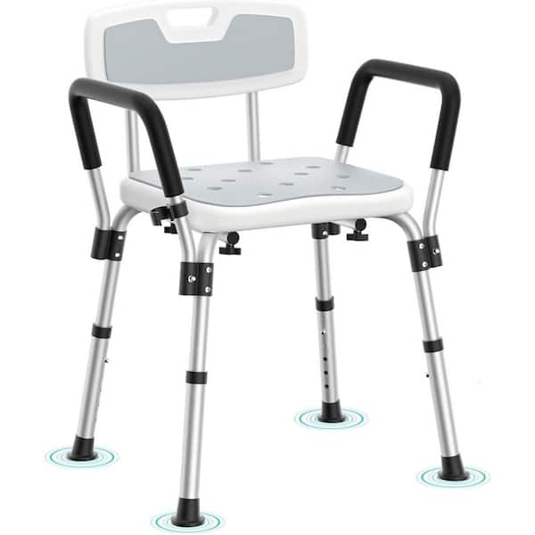 20.5 in. Aluminum Shower Chair for Elderly and Disabled with Arms, Back and 6 Adjustable Height in White