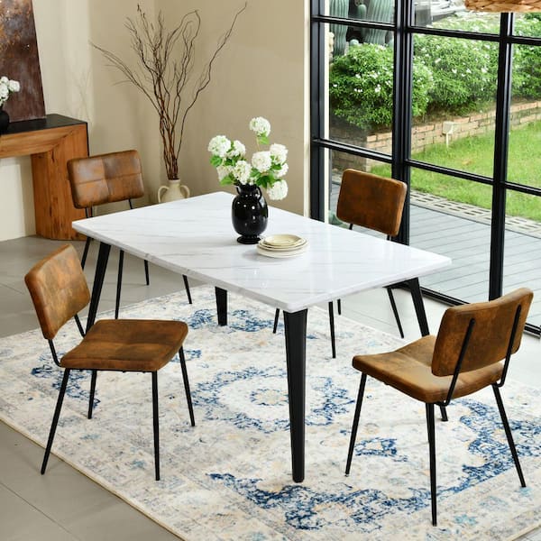 SP 5-Piece Dining Set with Faux Marble MDF Tabletop and Rustic Brown Suede Mid-Century Modern Chairs (Seats 4)
