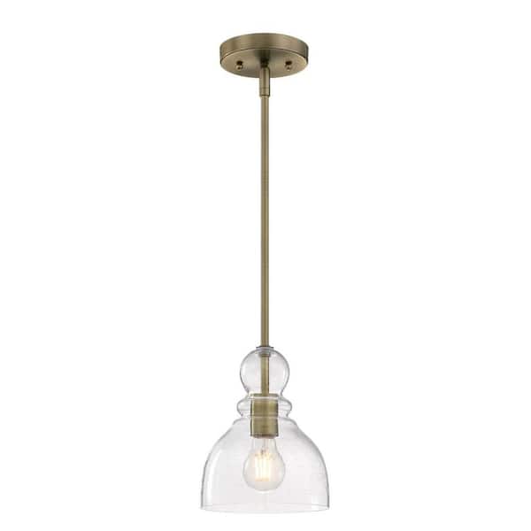 Westinghouse Fiona 60-Watt 1-Light Antique Brass LED Mini Pendant Light with Clear Seeded Glass Shade and Light Bulb Included