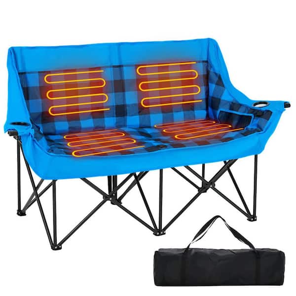 Heated Double Camping Chair for 2-Person Oversized Padded Folding Loveseat with 3-Levels Heating Portable Camping Couch