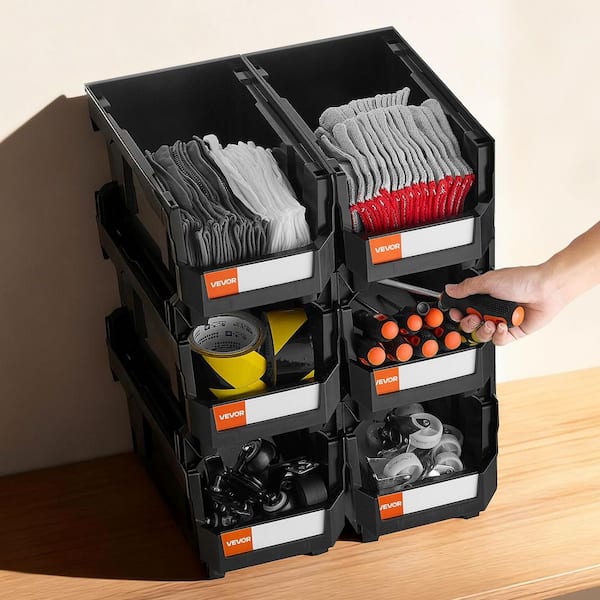 Plastic Stackable Storage Bins, 14.8 x 8.5 x 7.1 in. (6-Pack), Plastic Containers for Organizing and Storage Bins, Black
