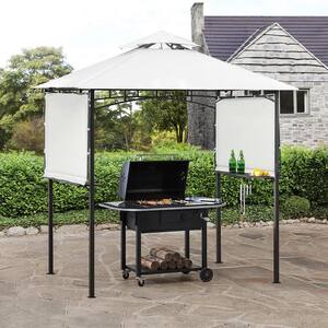 13 ft. L x 4.5 ft. W Steel Double Tiered Backyard Patio BBQ Grill Gazebo with Bar Counters & Extendable Shades, White