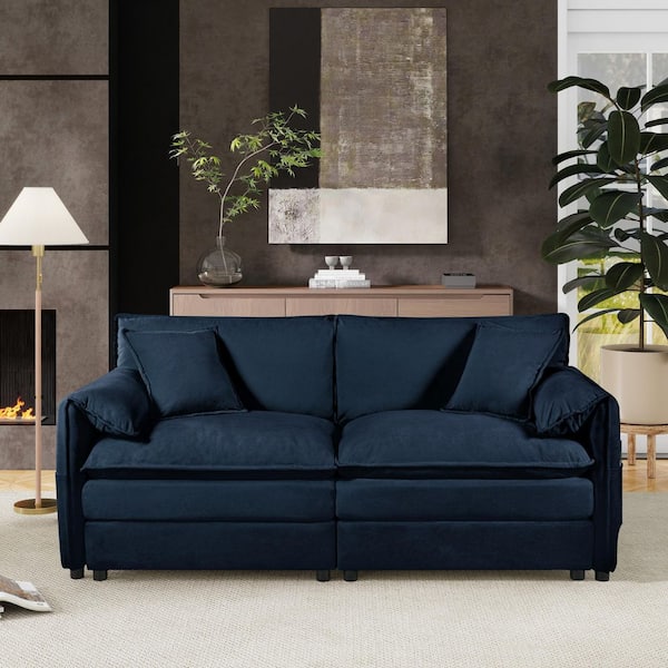 Carla Modern 75.59 in. Upholstered Chenille Pillow Top Arms Oversized Loveseat Sofa in Blue with Pillows