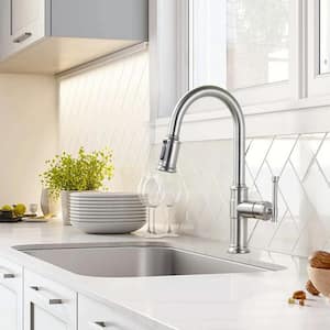 Brushed Nickel Single Handle Pull-Down Sprayer Kitchen Faucet with 3-Mode Sprayer and Deckplate in Stainless Steel