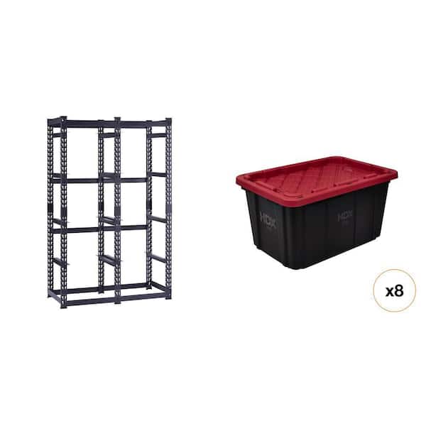 10-Tote Metal Storage Rack (50 in. W x 78 in. H x 24 in. D) and 27 Gal. Black/Red Tough Storage Tote (8-Count) Combo