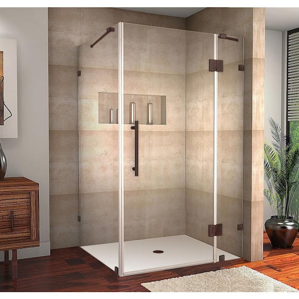Aston Avalos 41 in. W. x 32 in. x 72 in. Rectangular Pivot Frameless Corner Shower Enclosure in Bronze with Clear Glass