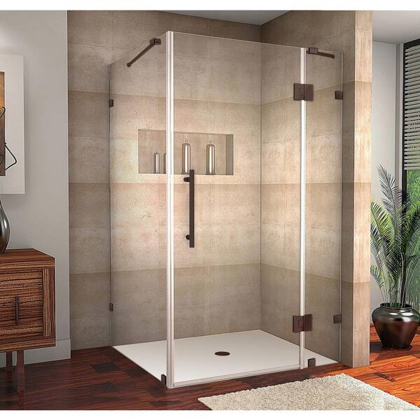 Aston Avalos 47 in. W. x 30 in. x 72 in. Rectangular Pivot Frameless Corner Shower Enclosure in Bronze with Clear Glass