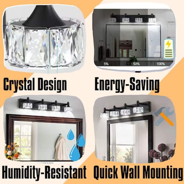 28 in. 4-Light Matte Black LED Vanity Light Bar with Crystal Glass Shades, Bathroom Wall Sconce