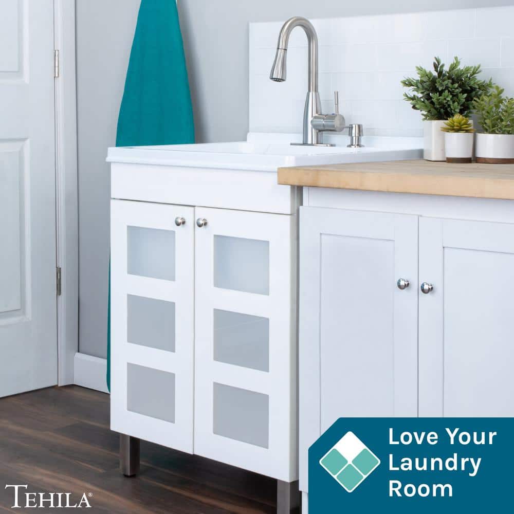 White Freestanding Laundry Sink Cabinet with Stainless Steel Faucet