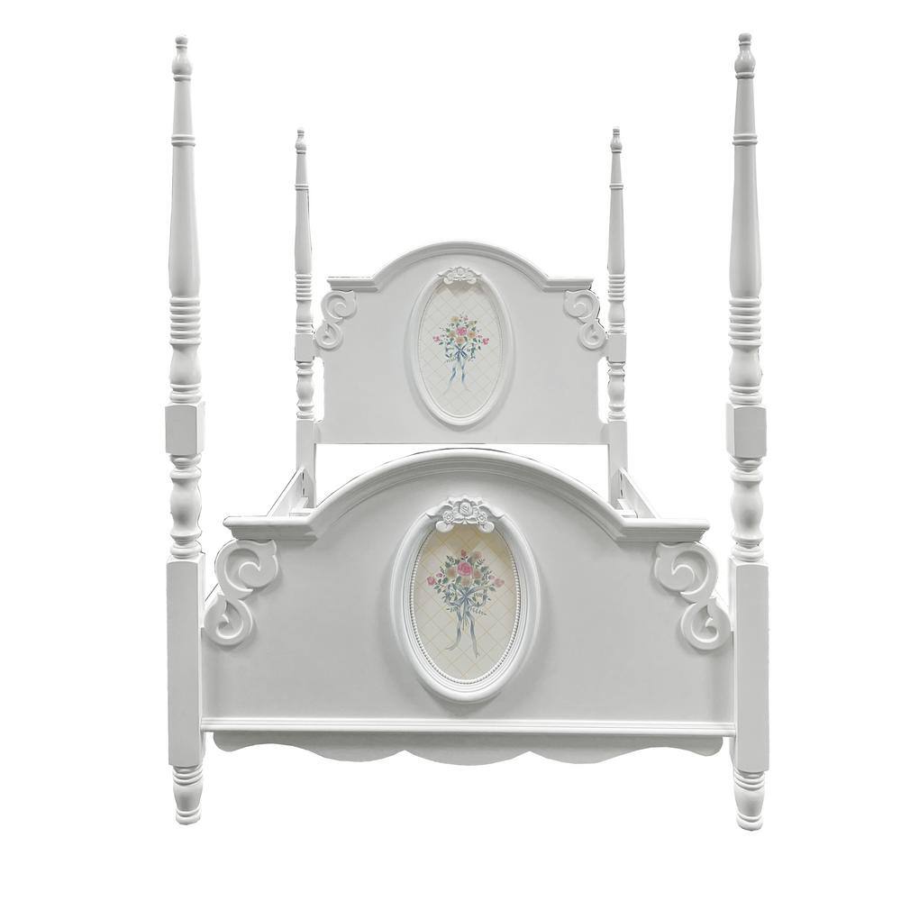 Flora Full White Upholstered Poster Bed with Wood Frame