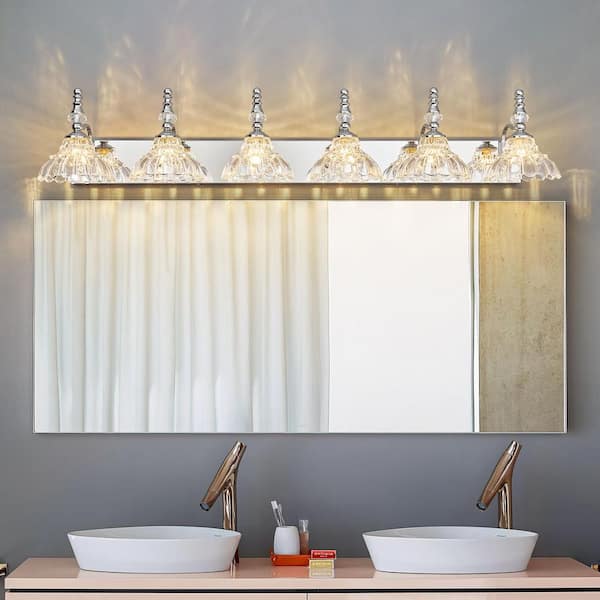 Home Lighting 46.45 in. 6-Light Chrome Vintage Bathroom Vanity Light with Flower Glass Shade Over Mirror for Bathroom
