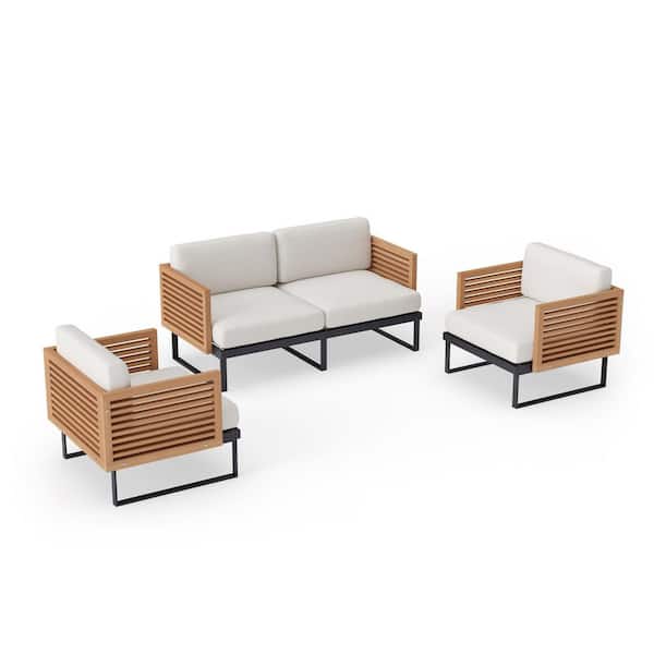 NewAge Products Monterey 4-Seater 3-Piece Aluminum Teak Outdoor Patio Conversation Set With Canvas Natural Cushions
