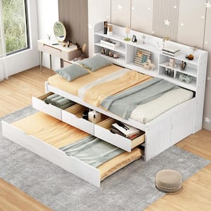 White Wood Frame Twin Size Platform Bed with Built-in Bookshelves, 3 Storage Drawers and Trundle