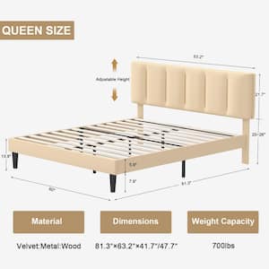 Upholstered Bedframe, Beige Metal Frame Queen Platform Bed with Adjustable Headboard, Wood Slat, No Box Spring Needed