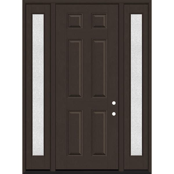 Regency 68 in. x 96 in. 6 Panel LHIS Hickory Stain Mahogany Fiberglass Prehung Front Door w/Rain14in. SLs 6-9/16