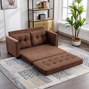 59.4 in. Brown Chenille 2-Seater Loveseat Sofa with Pull-Out Bed and Side Pockets