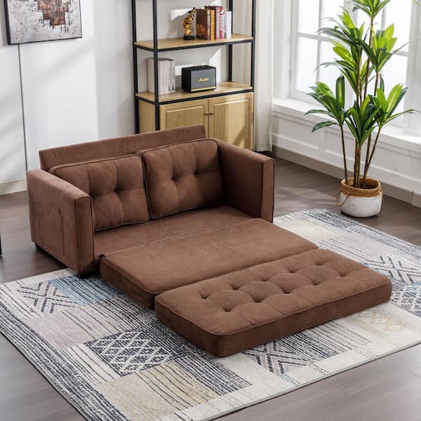 Harper & Bright Designs 59.4 in. Brown Chenille 2-Seater Loveseat Sofa with Pull-Out Bed and Side Pockets