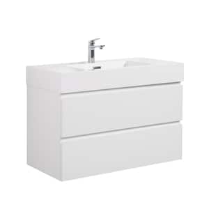 36 in. W x 18.1 in. D x 25.2 in. H Single Sink Floating Bath Vanity in White Bathroom Carbinet with Solid Surface Top