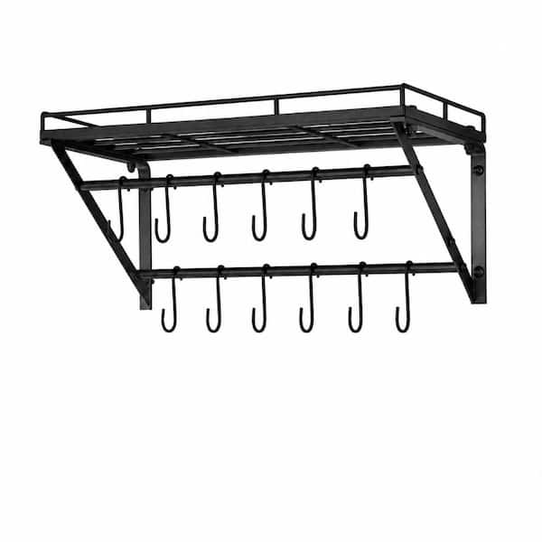 Charcoal Black and Black 39.4 in Ceiling Hanging Pot Rack with 16 Detachable S Hooks and Sturdy Metal Frame