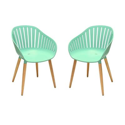 Nassau Mint Green Stationary Plastic Outdoor Dining Chair with Eucalyptus Legs (Set of 2)