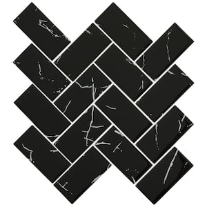 Nero Marquina Herringbone 11.61 in. x 11.81 in. Glossy Glass Patterned Look Wall Tile (9.5 sq. ft./Case)