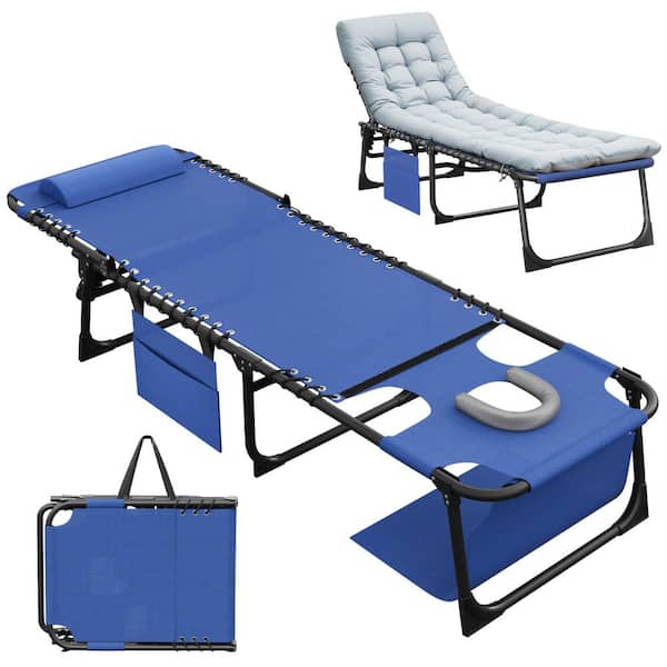 Tozey Metal Folding Outdoor Chaise Lounge with Gray Cushion and Face Hole, 5-Position Reclining Portable Patio Chair, Blue