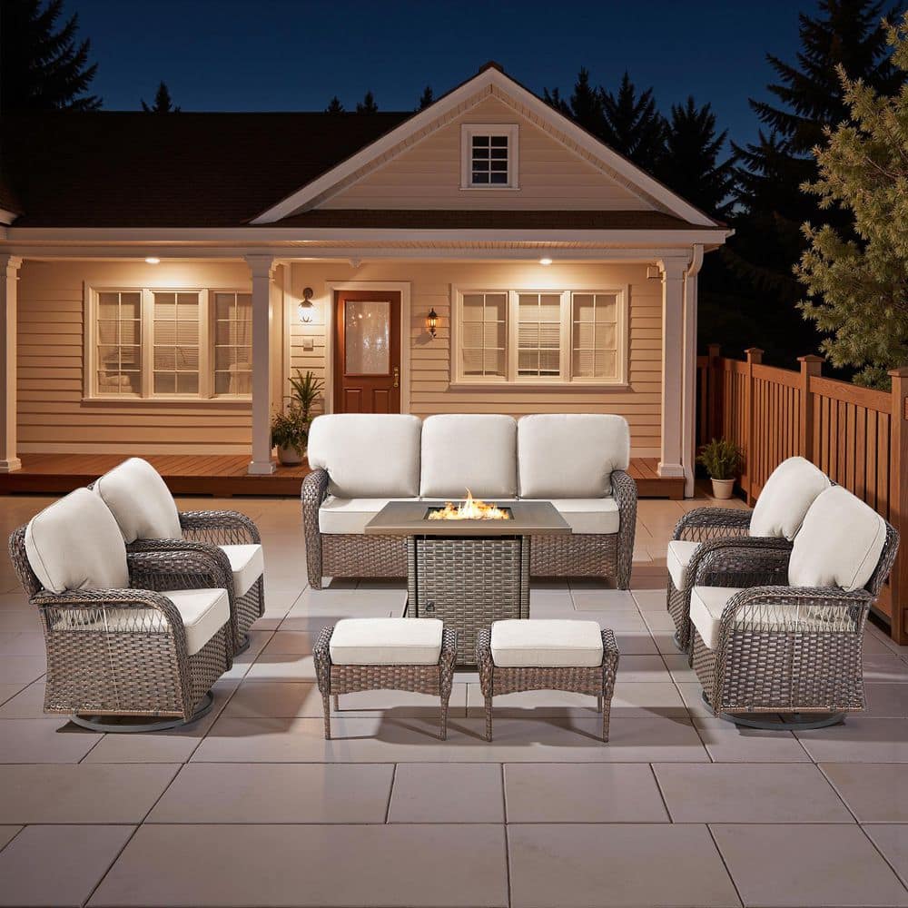 Tyber 8-Piece Brown Wicker Outdoor Fire Pit Patio Conversation Sofa Sets with Swivel Glider Chairs with Beige Cushions price history on PriceWatchPro