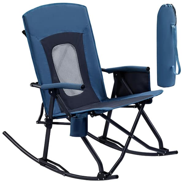 Oversized Folding Rocking Camping Chair Portable Outdoor Rocker with High Back Hard Armrests Carry Bag Blue