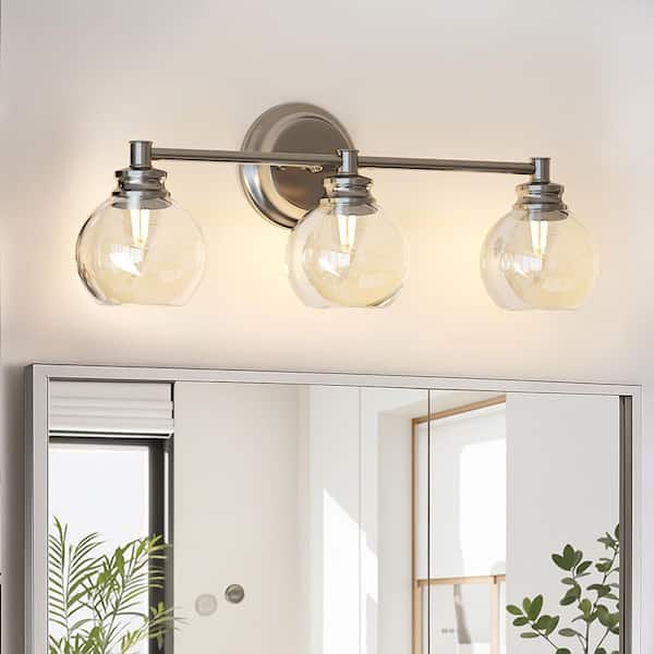 23.5 in. 3-Light Brushed Nickel Vanity Light with Clear Glass Shades