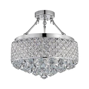 Clara 4-Light Glam Chrome Modern Semi-Flush Mount with Crystal Beaded Drum Shade and Hanging Crystals