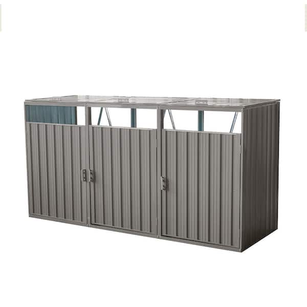 7.8 ft. W x 2.6 ft. D Gray 3 Trash Cans Metal Outdoor Garbage Bin Shed Stores for Garbage Storage Garden (20.28 sq. ft.)