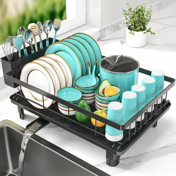 Black Compact Dish Rack w Large Utensil Holder Space-Saving Kitchen Counter Drying Rack 16.5inD  x 11.4in W x 5.65in H