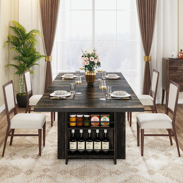 Halseey Vintage Brown Wood 63 in. Pedestal Dining Table Seats 6 with Storage Shelves Living Room Home Kitchen