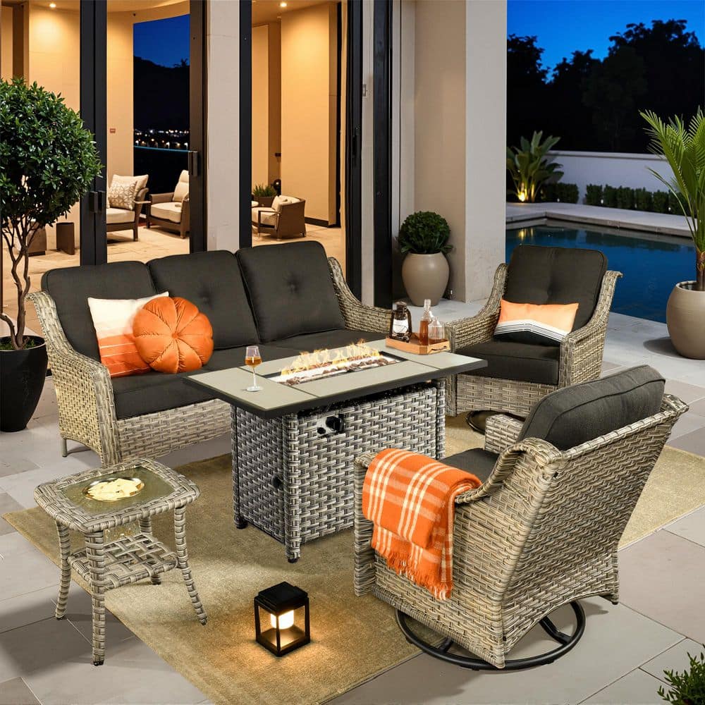 Delicacy 5-Pieces Wicker Outdoor Patio 42 in. Rectangular Fire Pit Set and Swivel Rocking Chairs with Black Cushions price history on PriceWatchPro