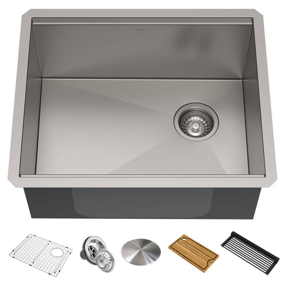 KRAUS Kore Workstation Undermount Stainless Steel 23 in. Single Bowl  Kitchen Sink w/Integrated Ledge and Accessories KWU111-23 The Home Depot