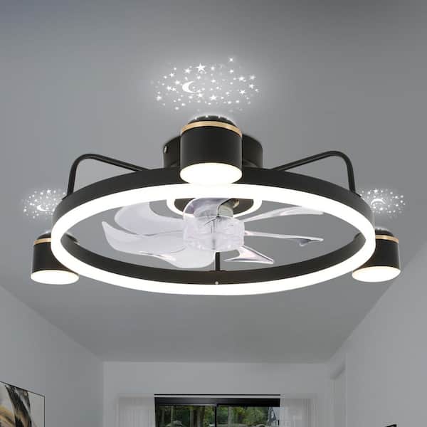 Oaks Aura 28in. LED Indoor Black Starry Night Bladeless Smart App Control Low Profile Ceiling Fan W/ Light Flush Mount Ceiling Fan