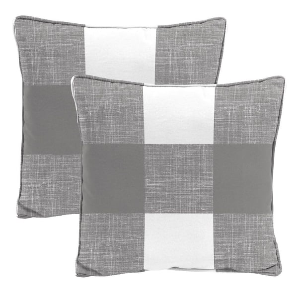 18 in. W x 18 in. H x 4 in. T Square Outdoor Throw Pillow in Gray Buffalo Check (2-Pack)