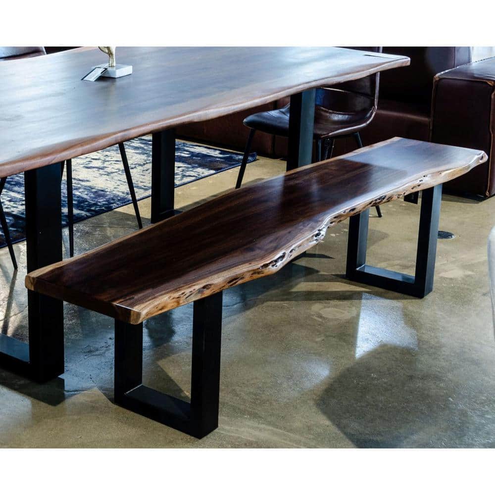 Modern Live Edge Acacia Wood Dining Bench with Black Metal Legs